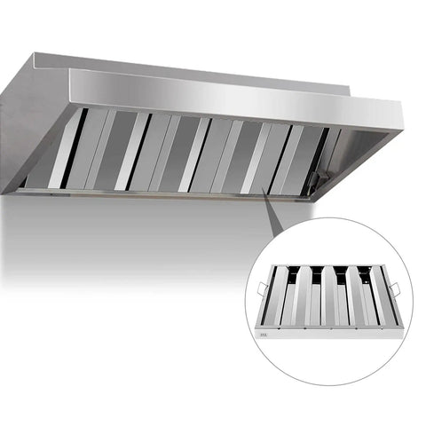 Heavy Duty Commercial Range Hood Grease Filters, 19.5W x 19.5H x 1.9In, 430 Stainless Steel, shown installed in kitchen exhaust hood