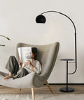 Black Floor Lamp With Marble Table Base 79 Inch Modern Industrial Arc Lamp Adjustable beside chair in living room