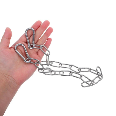 Chain Link Gate Latch with Double Carabiner Ends Stainless Steel held in hand, showing flexible chain design and durable metal construction.
