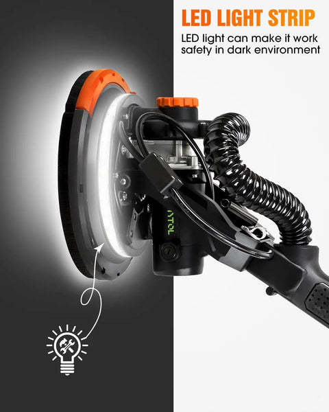 Close-up of Heavy Duty Rock Solid Electric Drywall Sander With Swish Vacuum Dust Extractor showing LED light strip for visibility.