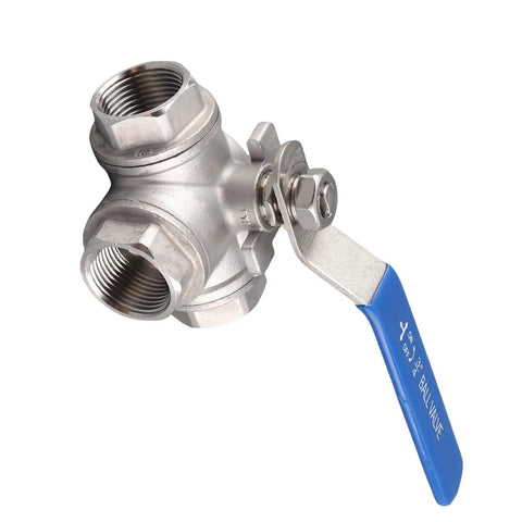 Top Shelf Three Way Stainless Steel Ball Valve With T Type Design For Plumbing And Gas Lines Built Tough As Nails To Deliver Corrosion Resistant Flow Without Any Drama, showing silver SUS304 valve with blue handle.