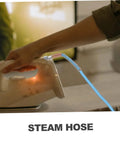 High Temperature Steam Hose For Ironing connected to an iron, flexible sky-blue design, used in home setting