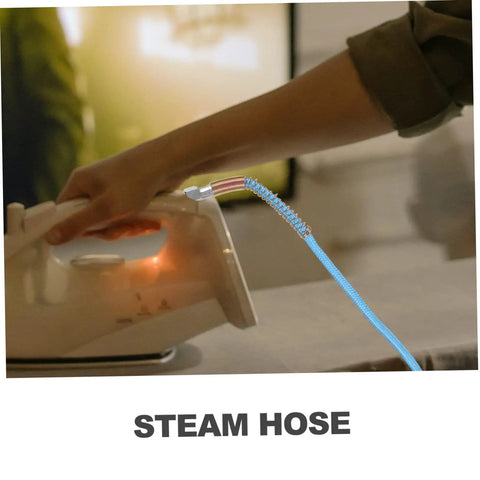 High Temperature Steam Hose For Ironing connected to an iron, flexible sky-blue design, used in home setting