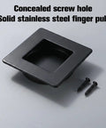 Square recessed sliding closet door finger pull handle in black, solid stainless steel with concealed screw holes, set on grey surface. 2 Pack Two And Three Quarters Inch Square Recessed Sliding Closet Door Finger Pull Handles Stainless Steel Durable Pocket Door Hardware With Solid Grip And Smooth Operation.