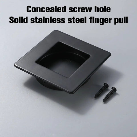 Square recessed sliding closet door finger pull handle in black, solid stainless steel with concealed screw holes, set on grey surface. 2 Pack Two And Three Quarters Inch Square Recessed Sliding Closet Door Finger Pull Handles Stainless Steel Durable Pocket Door Hardware With Solid Grip And Smooth Operation.