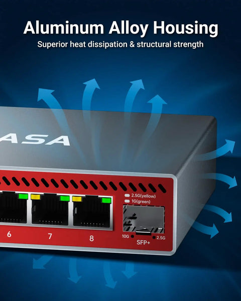 8 Port 2.5Gb Ethernet Switch With 10Gb SFP Uplink For NAS, Gaming And PC showing aluminum housing for heat dissipation