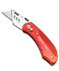 Amazon Basics folding utility knife with red aluminum handle and back-lock blade extended
