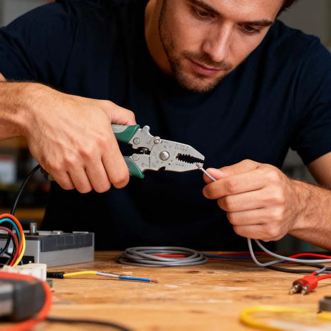Man using Badass 12 In 1 Foldable Wire Stripper And Cable Cutter Pliers to strip wire on a workbench.