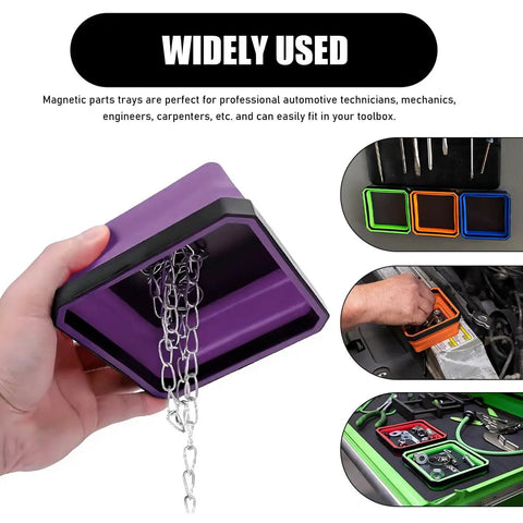 Collapsible Magnetic Parts Tray With Double-Sided Base, 4.5 Inch Square Silicone Tool Tray for screws, bolts, nuts in purple.