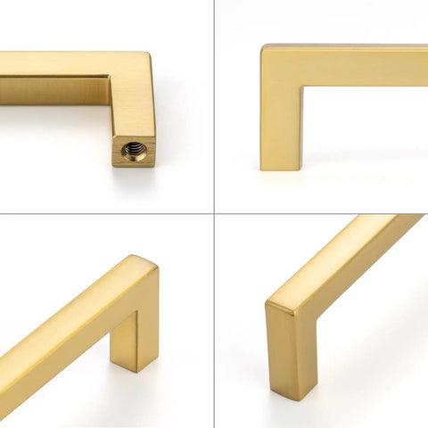 Close-up of Top Shelf 10 Pack Brushed Gold Cabinet Pulls 5 Inch Square Bar Drawer Handles built tough solid metal hardware.