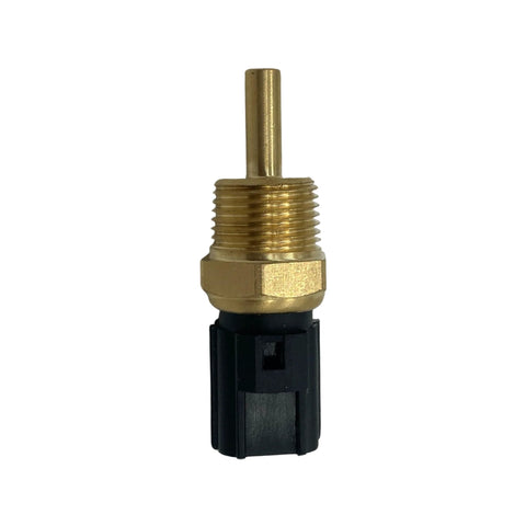 Engine coolant temperature sensor with brass threaded housing and black plastic electrical connector.