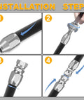 3-pack hydraulic hose repair kit: four-panel install with silver fittings on black hose, showing end fitting, tightening, and assembly.