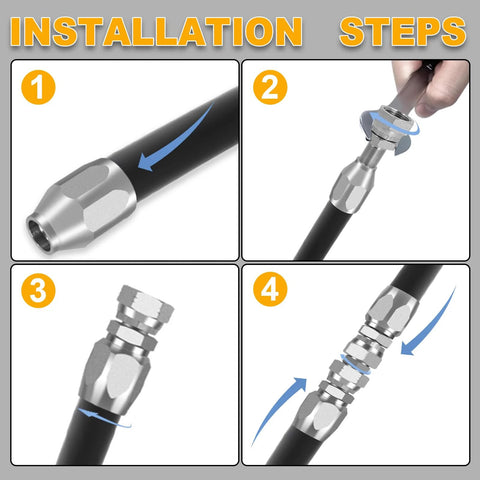 3-pack hydraulic hose repair kit: four-panel install with silver fittings on black hose, showing end fitting, tightening, and assembly.