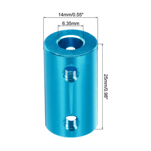 Rigid Aluminum Shaft Coupler 6.35mm To 6.35mm For 3D Printers And CNC Machines 25x14mm Blue, showing threaded holes and dimensions.