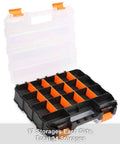 Double Sided Tools Organizer With Removable Dividers, 34 Compartment Hardware Box, open view with orange and black case.