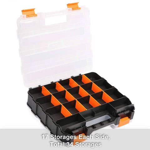 Double Sided Tools Organizer With Removable Dividers, 34 Compartment Hardware Box, open view with orange and black case.