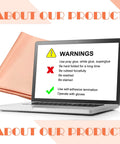 Laptop showing warnings next to Faraday Fabric Shielding Cloth Copper Nickel for EMP Protection and RF Signal Blocker on Cell Phone WiFi GPS 1 Sheet.