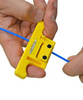 Hands using MSAT 5 Wire Stripper For Tech Pros, Electricians, And Installers, Safe Cable Splicing Tool on fiber optic cable.
