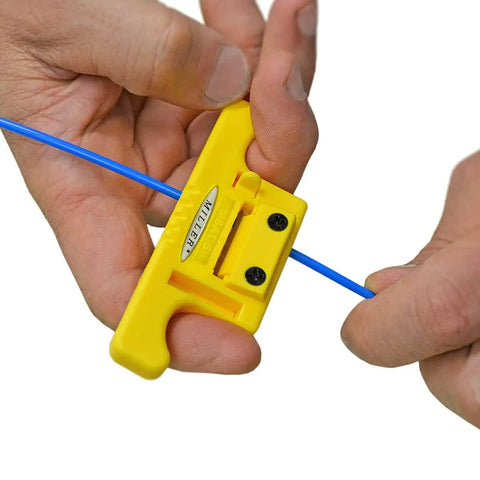 Hands using MSAT 5 Wire Stripper For Tech Pros, Electricians, And Installers, Safe Cable Splicing Tool on fiber optic cable.