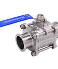 Sanitary ball valve, 2-inch tri-clamp, stainless steel 304, PTFE-lined, blue lever handle (angled front view)