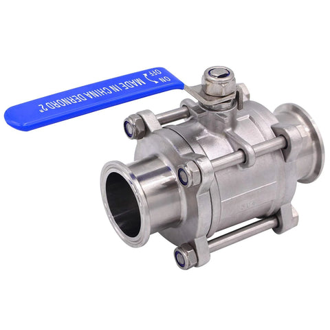 Sanitary ball valve, 2-inch tri-clamp, stainless steel 304, PTFE-lined, blue lever handle (angled front view)