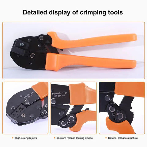Ratcheting Crimping Tool Kit For 15A 30A 45A Connectors showing high-strength jaws and locking device.