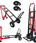 Heavy Duty Convertible Hand Truck Dolly Cart With Four Smooth Rolling Wheels And 1000 Pound Capacity For Moving Day Furniture Hauls, showcasing a red and black frame.