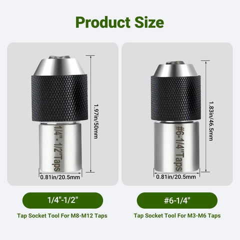 Product size comparison of Beefy Ratcheting Tap Socket Set Two Piece With Adjustable Jaws for tight spaces, showing dimensions in inches and mm.
