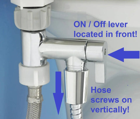 Bidet T Adapter With 3-Way Shut Off Valve For Toilet, 7/8 Inch Brass Tee Connector, EZ Reach On Off Knob shown in chrome finish