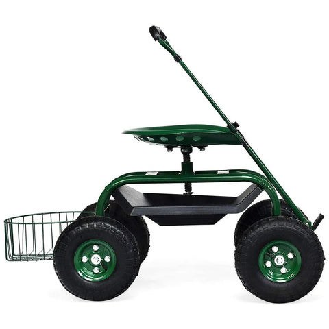 Rolling Garden Cart With Seat And Wheels Outdoor Garden Stool With Tool Tray And Basket 360 Degree Swivel Seat Adjustable Steering Handle Gardening Scooter For Lawn Yard And Patio Easy Tending And Mobility