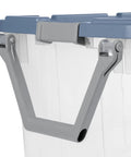 Close-up of a gray handle on a Slick Rolling 2 Pack 160 Quart Heavy Duty Storage Tote with lockdown feature.