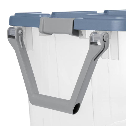 Close-up of a gray handle on a Slick Rolling 2 Pack 160 Quart Heavy Duty Storage Tote with lockdown feature.