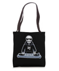 Cool Halloween Skeleton Dj Turntable Tote Bag For Music Lovers Spooky Skull Design with DJ graphic, 16x16 inch, black fabric.