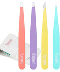 Pro Grade Eyebrow Tweezer Set Four Piece Slant And Pointed Tips Stainless Steel Multi Color with case