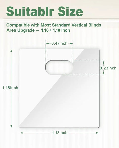Vertical Blinds Slats Repair Kit with Transparent PVC Tabs and Strong Adhesive No Tools Needed Easy Fix for Home Office Rentals Durable Diy Window Blind Repair Solution That Sticks Firmly showing tab dimensions 1.18 x 1.18 inches