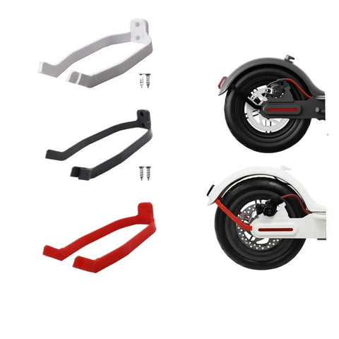 Rear Wheel Mudguard Bracket for M365 Pro Electric Scooter in black, red, and grey, shown with installation on scooter wheel
