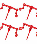 Beefy Four Pack Ratchet Chain Load Binders for One Quarter to Five Sixteenths Inch Chains, Heavy Duty, red hooks visible