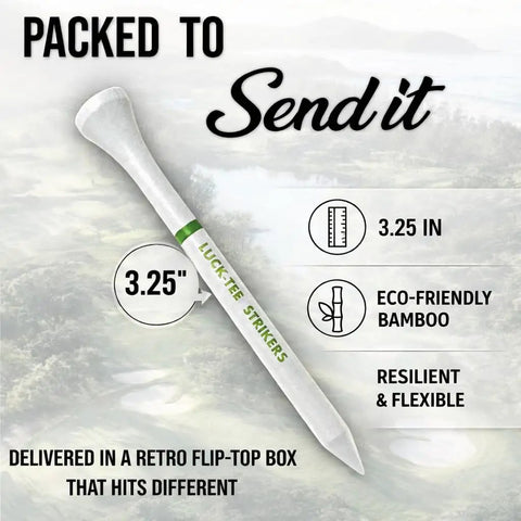 Image of a bamboo golf tee highlighting 3.25-inch length, eco-friendly material, and flexibility. Flip Top Golf Tee Holder With Vintage Pocket Case And 18 Bamboo Tees Retro Style Golf Accessory A Cool Gift For Men Who Love The Course And Tees On The Go.