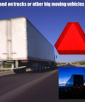 Heavy Duty Aluminum Slow Moving Vehicle Triangle Sign With Reflective Surface shown on a truck, day and night views.