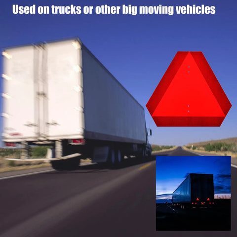 Heavy Duty Aluminum Slow Moving Vehicle Triangle Sign With Reflective Surface shown on a truck, day and night views.