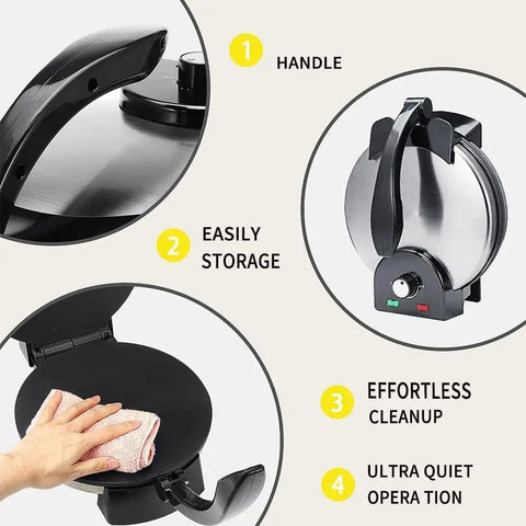 12 Inch Electric Tortilla Press And Roti Maker Adjustable Heat Control showing handle, nonstick surface, and compact design for easy storage