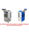 Heavy Duty 220 Volt Industrial Air Conditioner Portable Ac Unit Dropping Temps Fast For Outdoor Patios Shop Floors With Three Tube Setup And Stretchable Duct Plug In And Chill Up in blue and white colors.