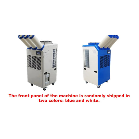 Heavy Duty 220 Volt Industrial Air Conditioner Portable Ac Unit Dropping Temps Fast For Outdoor Patios Shop Floors With Three Tube Setup And Stretchable Duct Plug In And Chill Up in blue and white colors.