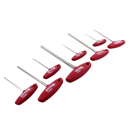 Angled view of 8 Piece Metric T Handle Hex Driver Set 2.0mm To 10mm With Ergonomic Grip Hardened Alloy Steel Anti Corrosion Nickel Finish