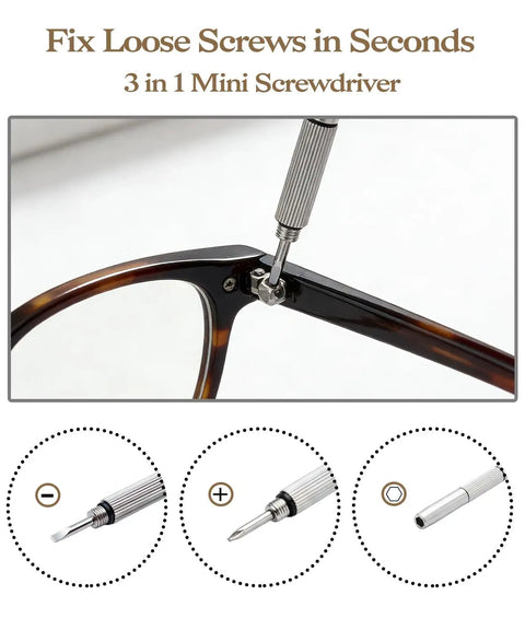 Eyeglass Curvature Adjuster Kit For Comfortable Fit Frame Bender Temple Arm Shaper Nose Pad Adjuster No-Hassle DIY Glasses Repair Set With 3-in-1 Mini Screwdriver shown adjusting glasses