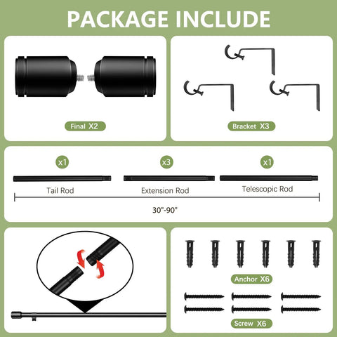 Package contents of Five Eighth Inch Adjustable Curtain Rod Set, 30 To 90 Inches, Black Splicing Rods For Windows From 30 To 84 Inches