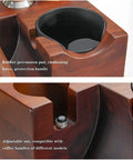 Slick Wooden Coffee Knock Box With A Solid Built In Tamping Station and Smart Hidden Compartment, showing rubber percussion pad and adjustable nut.