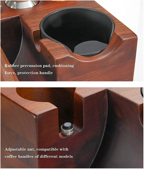 Slick Wooden Coffee Knock Box With A Solid Built In Tamping Station and Smart Hidden Compartment, showing rubber percussion pad and adjustable nut.