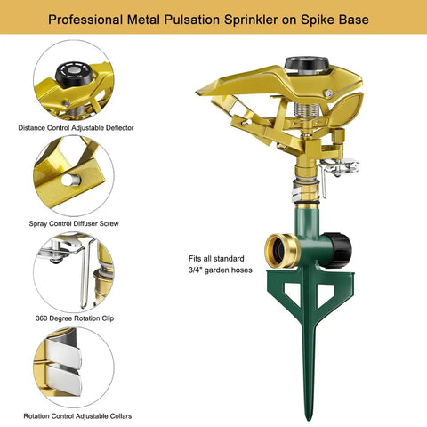 Heavy Duty Pulsating Impact Sprinkler With Spike Base, All Metal Construction Built To Last, 360 Degree Adjustable Spray Pattern
