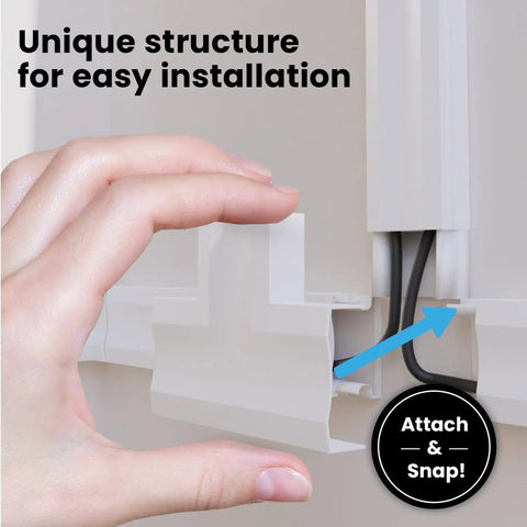 Person installing Massive 306 Inch Cable Hider Kit For Wall Cords And TV Setup, showing snap-in feature of raceway concealer.